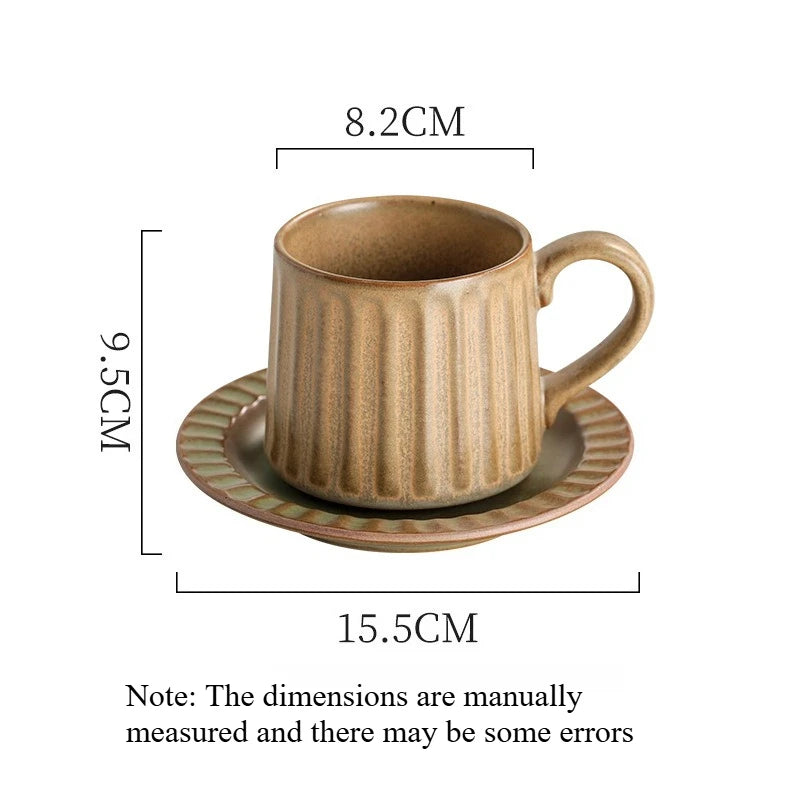 Japanese Retro Coarse Ceramic Cup Saucer Set Vintage Vertical Striped Mug Home Afternoon Tea Coffee Cup for Household Use Quake C 200-400ml