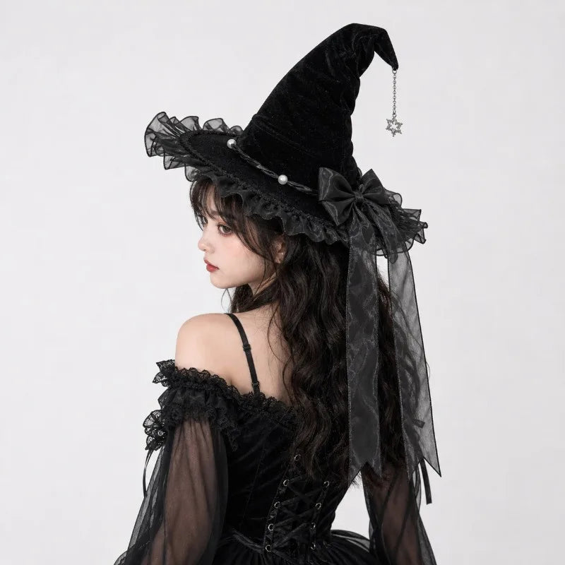 Halloween Witch Wizard Party Hat Black Purple Bow Gothic Lolita Cosplay Costume Headwear for Festival Party Decoration Quake