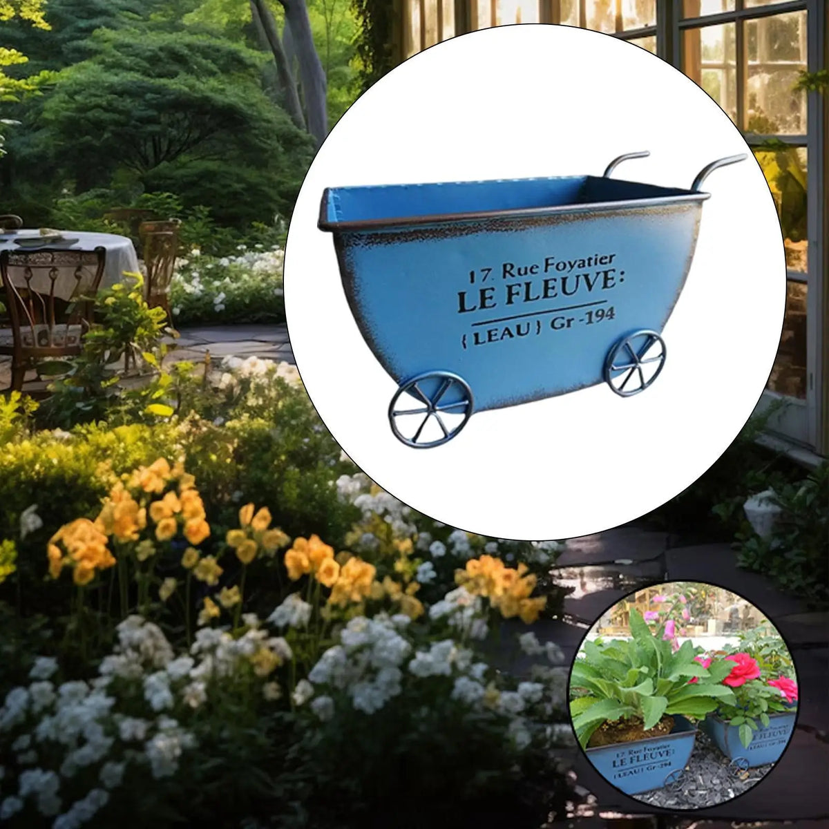 Flower Cart Wheelbarrow Space Saving Flower Pots for Garden Outdoor Yard Quake Blue