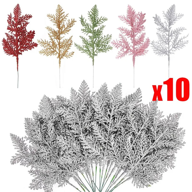 10/5Pcs Artificial Plants Pine Branches Christmas Glitter Gold Leaves Xmas Tree Decoration Pendant Christmas Home Decoration Quake