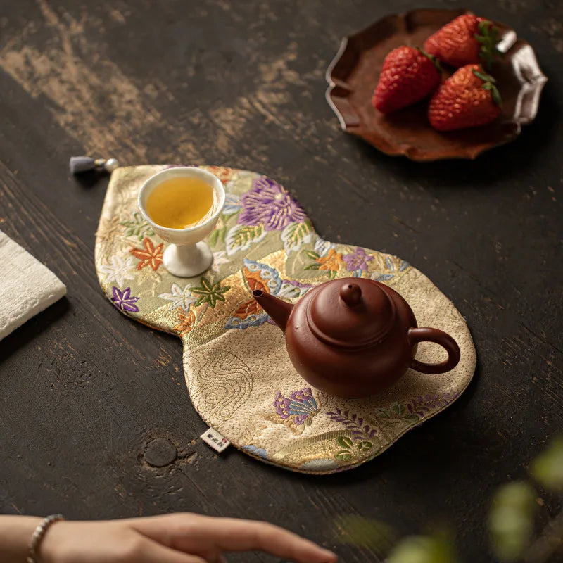 Double-sided Tea Mat Nishijin Weaving Gourd Chinese Zen Style Tea Tablecloth Heat Insulation Mat Teapot Holder Tablecloth Quake