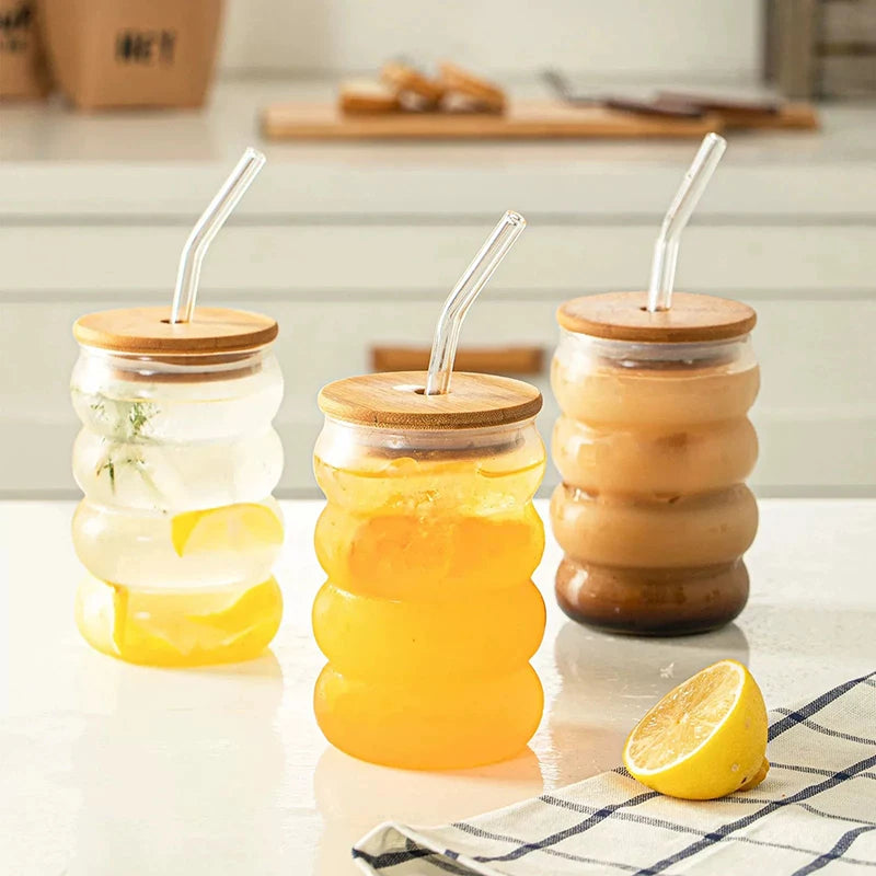 YWD 1/2/4PCS Glass Cup with Lid Straw Heat-resistant Wave Cup Beer Juice Ice Coffee Cups Cocktail Fruit Glass Drinkware Quake