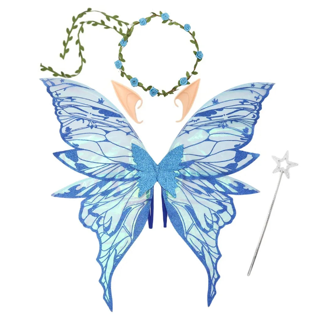 Flower Crown Fairy Costume Set Star Wand Gold Foil Fairy Butterfly Wings Dress-Up Elf Ears Sparkling Angel Wings for Kids Adults Quake Blue