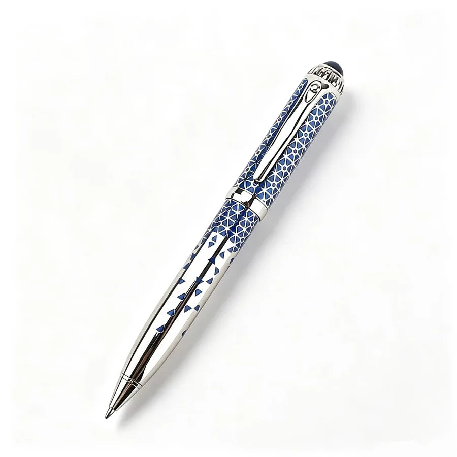 Vintage Blue Geometric Pattern Metal Ballpoint Pen With Denim Pen Sleeve Luxury Writing Business Office Gift Pen Quake Blue 148-2