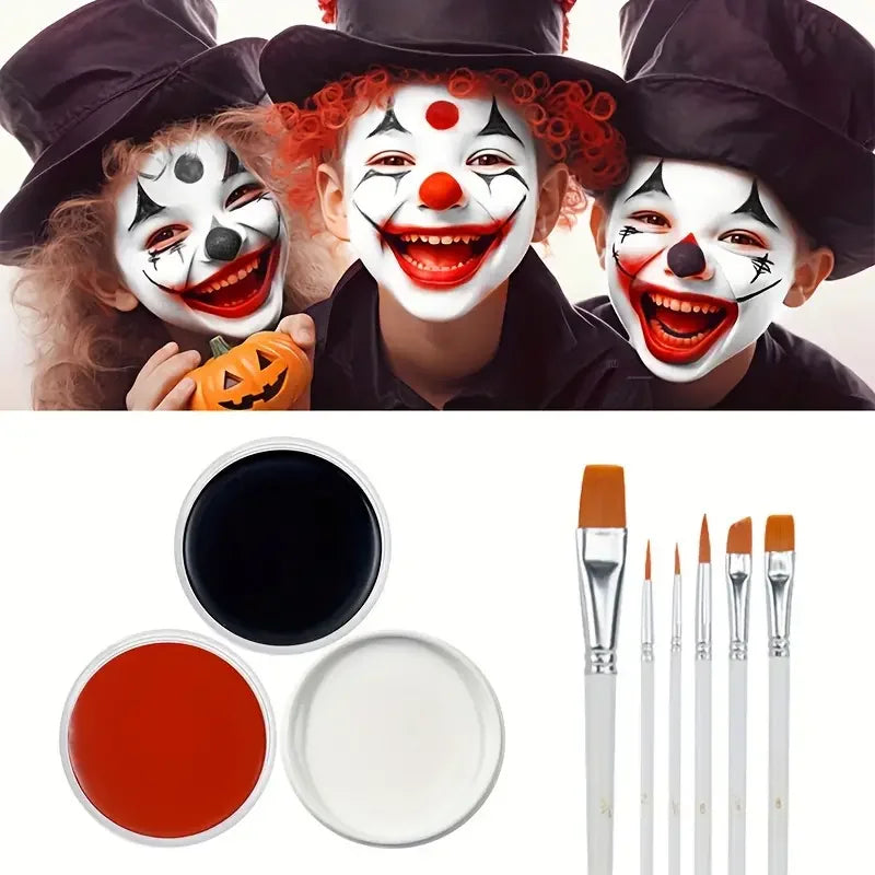 White Black Red Face Body Paint,Adult Oil Body Paint Set,FX Clown Vampire Skeleton Role Play Halloween Makeup with 6 Brushes Quake Set A