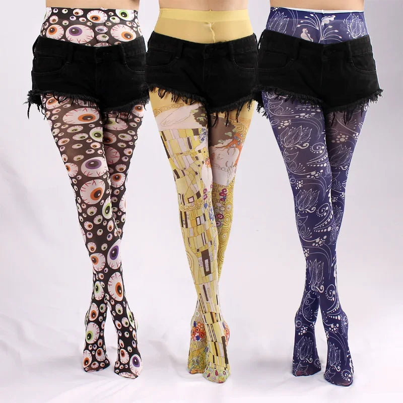 Evil Eyes Tight women Spring New Women Sheer Sexy Tattoo Printed Pantyhose Tights Stockings Anti-Hook Women's Socks Quake