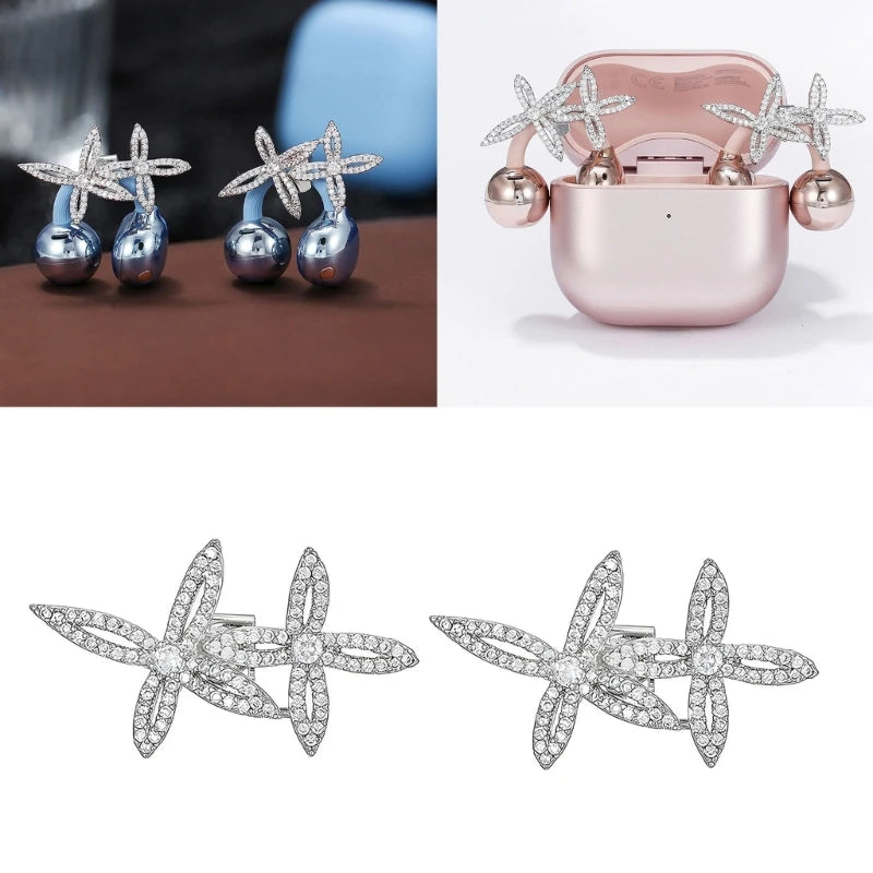 Earbud Decorative Clips Silver Tone Floral Rhinestones Pair, Clip On Wireless Earbud Accessory for Daily Commute K1KF Quake