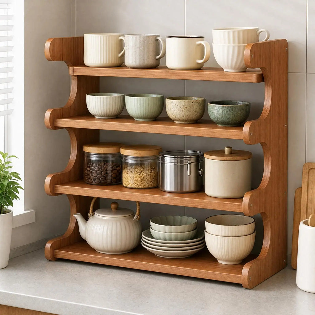 Freestanding Desktop Storage Rack Space-Saving Open-Shelf Tabletop Organizer Compact E-Shaped Desktop Shelf for Kitchen, Dining Quake