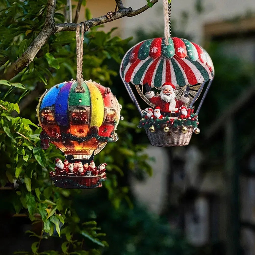 Christmas Wooden Pendant Hot Air Balloon Santa Claus 2D Flat Wooden Ornaments Christmas Tree Decoration Perfect New Year Gift Quake