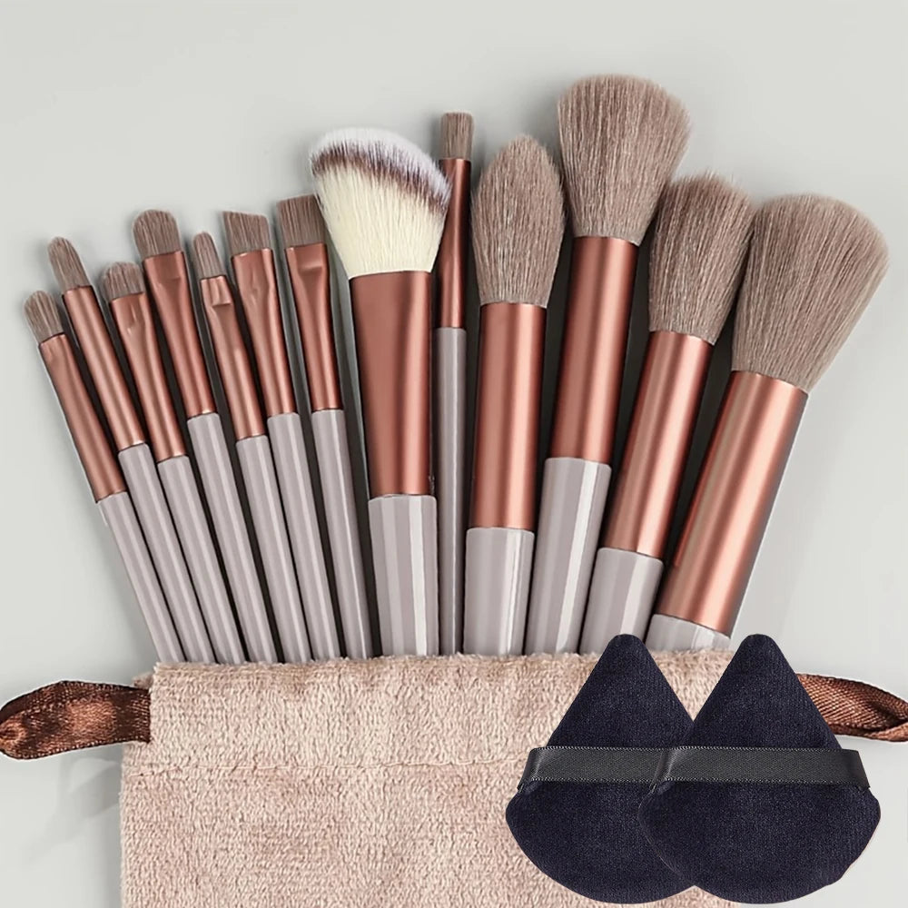 Makeup Brushes Set 13Pcs Premium Synthetic Brush Foundation Powder Blending Concealer Eyeshadow Blush Cosmetics Brushes Travel Quake BROWN with bag