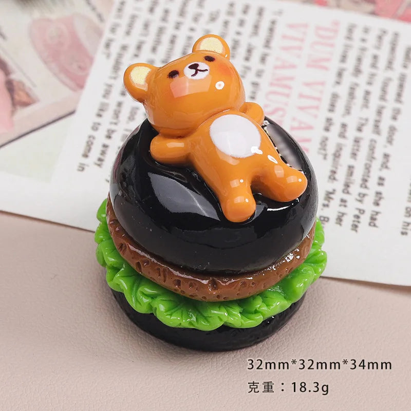 5Pcs Simulation 1:12 Bear Hamburger Resin Cabochon 3D Miniature Fake Food For Craft DIY Jewelry Making Dollhouse Accessories Quake black