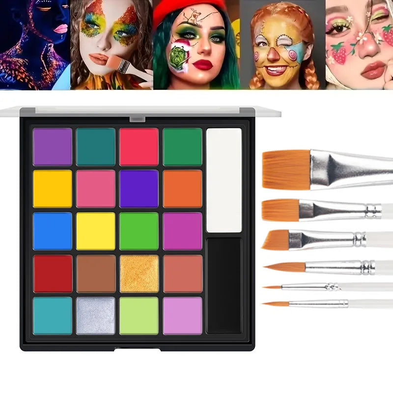 22 Color Face Body Painting Kit for Kids Adults,Face Paint Makeup Palette with Brush,Halloween Carnival Artist Cosplay Art Party Quake with 6Brush