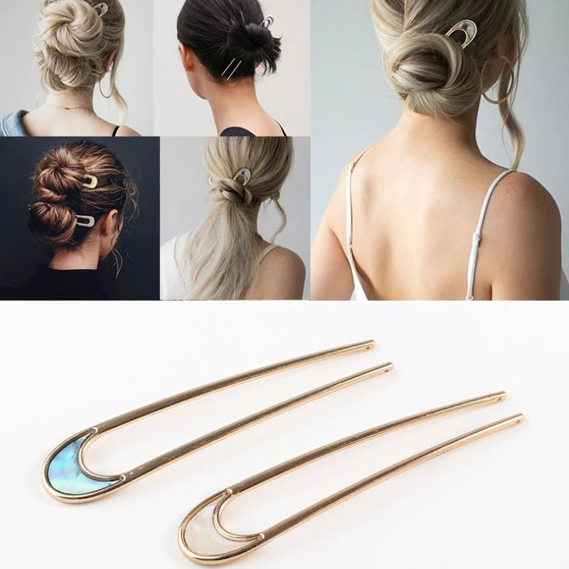 Simple Elegant Gold Sliver Enamel Hairpin Hair Stick Women Girls Korean Metal U-shaped Hair Styling Accessories Jewelry Headwear Quake