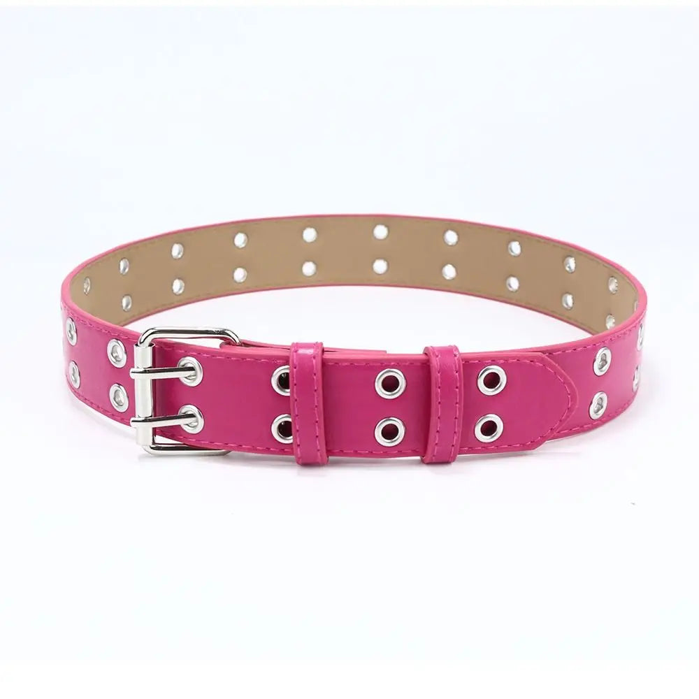 Fashion Punk Waistband PU Leather Double Holes Waist Strap Metal Pin Buckle Solid Color Decoration Belt Children Quake rose red