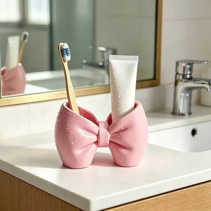 Cute Bow Shaped Makeup Brush Organizer With Large Capacity: Perfect For Vanity Desk Office Stationery Quake A3