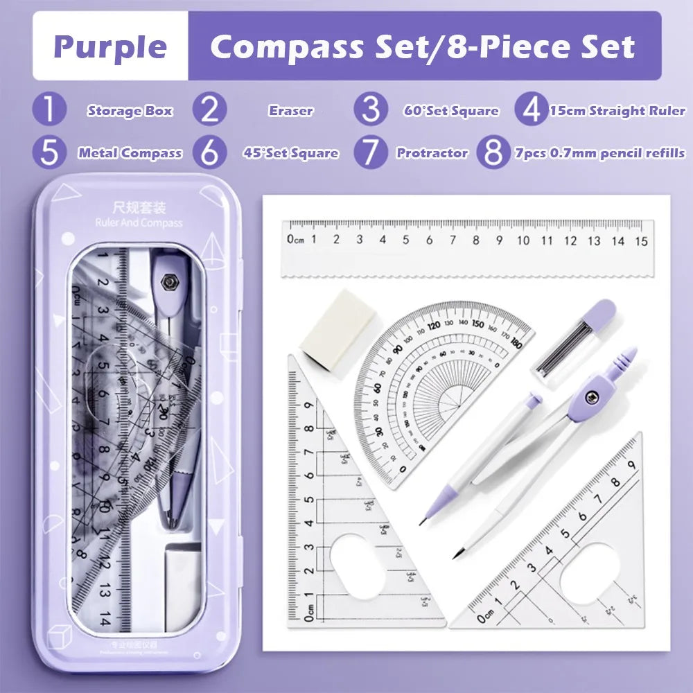 8PCS/Set High Quality Plastic Ruler Compasses Set Eraser Transparent Protractor Set Square Straight Ruler Drawing Tool Students Quake Purple 8PCS A