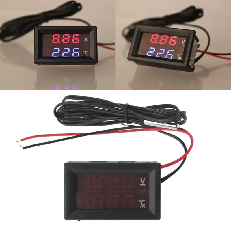 2-in-1 Car Thermometer Voltmeter Square LED Display Digital Voltage Gauge Meter for Most 12-24V for Cars Quake