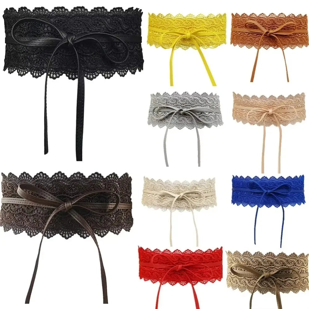Boho Style Soft Lace Waist Belt Self Tie Wrap Around Bow Tie Belt Wide Cinched Waistband Obi Belt for Dresses Quake