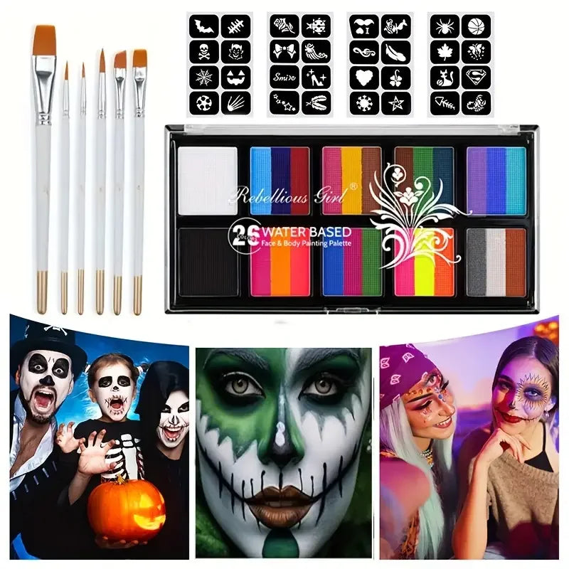 26 Colors Body Paint Set with Brushes and Stickers Water-Soluble UV Luminous Face Body Paint Art for Stage Performances Makeup Quake