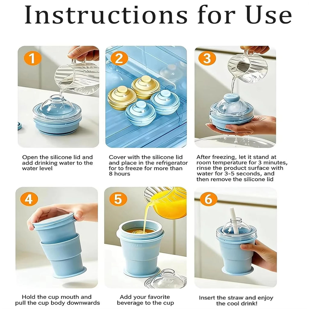 2-in-1 Collapsible Silicone Ice Ball Cup Reusable Portable Ice Sphere Mold with Straw Lid for Coffee Juice Drinks Quake