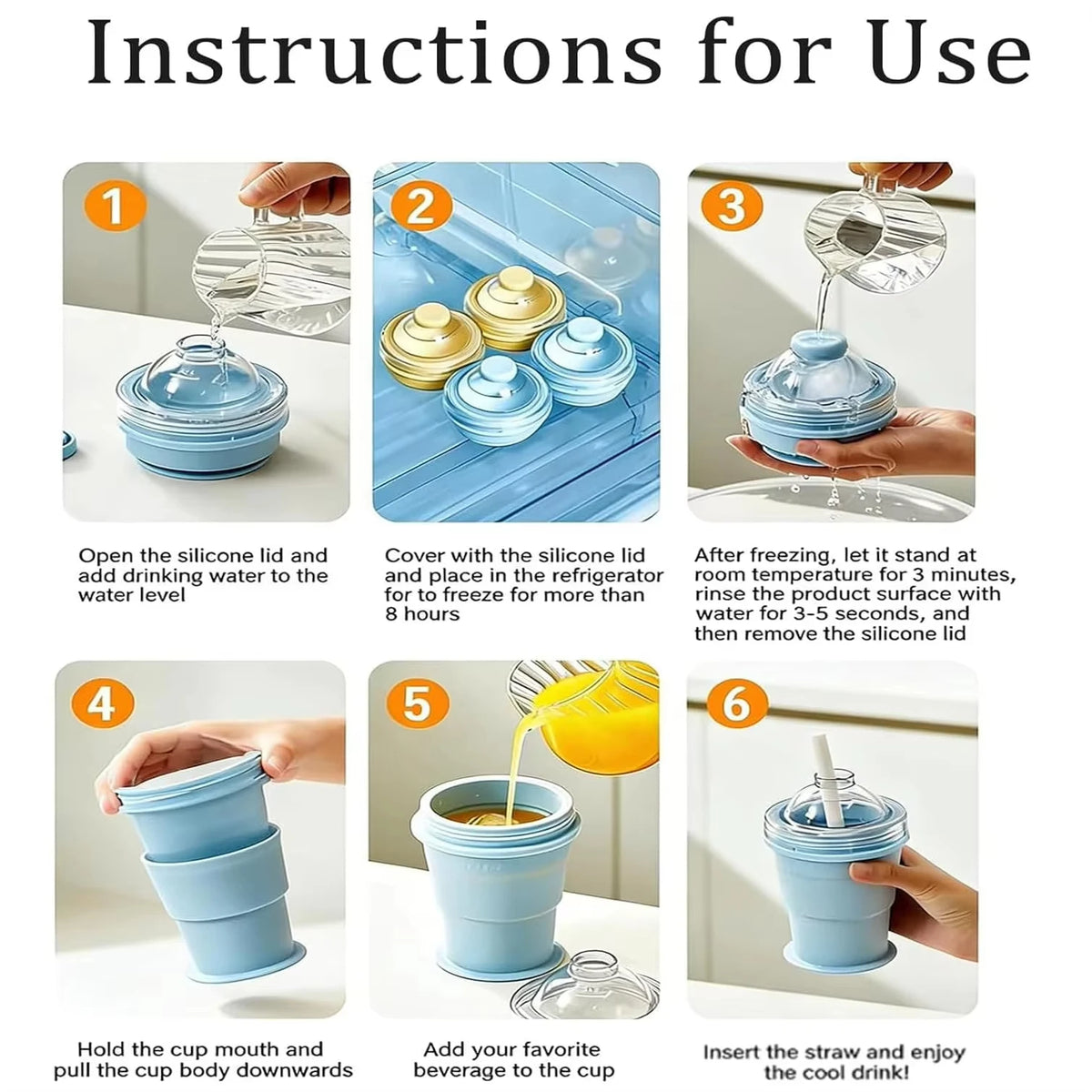 2-in-1 Collapsible Silicone Ice Ball Cup Reusable Portable Ice Sphere Mold with Straw Lid for Coffee Juice Drinks Quake