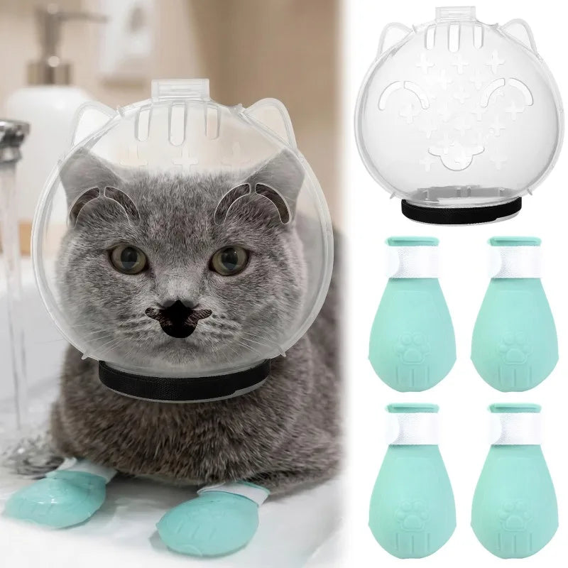 Cat Head Cover Pet Grooming Cover Accessory Cat Anti Bite Anti Licking Space Hood Breathable Helmet with 4 Silicone Paw Shoes Quake