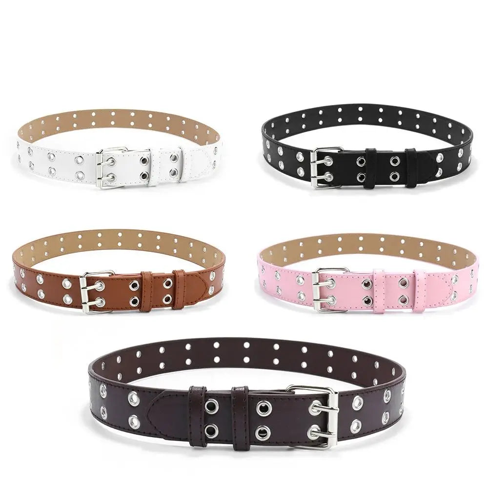 Fashion Punk Waistband PU Leather Double Holes Waist Strap Metal Pin Buckle Solid Color Decoration Belt Children Quake