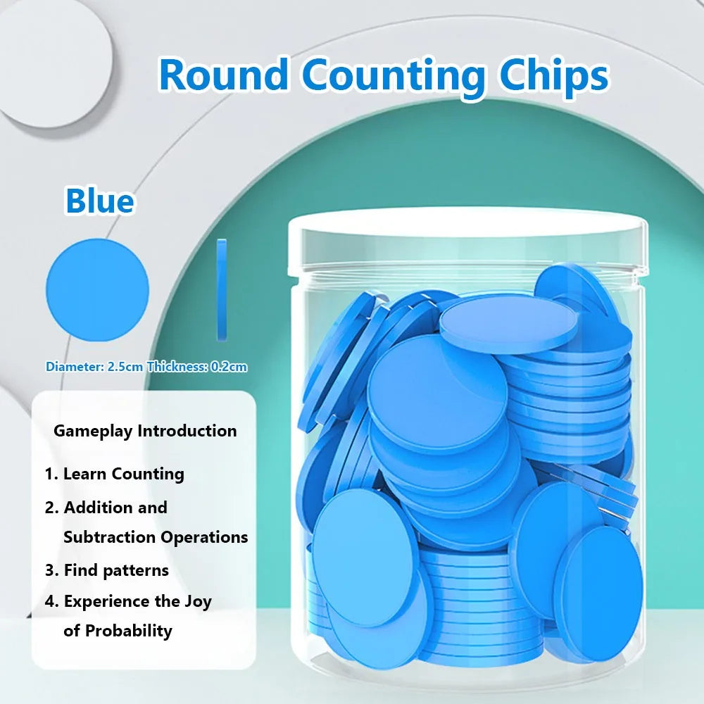 100pcs Plastic Counting Chips Addition Subtraction Operation Board Games Tokens Counting Toy Colored Round Teaching Tool Quake Blue