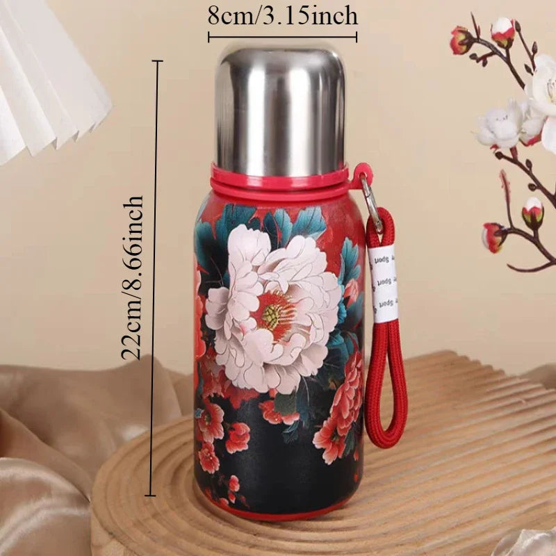 Retro and Bustling High-value Insulated Cup with Creative Rose Pattern Double-layer Water Cup Car Portable Drawstring Stew Cup Quake Peony Rose 600ml 501-600ml