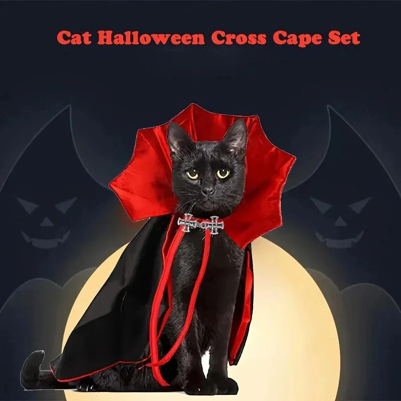 Spooky Vampire Halloween Costume for Cats, Cloak & Hat Set, Pet Party Festival Cosplay Apparel Quake