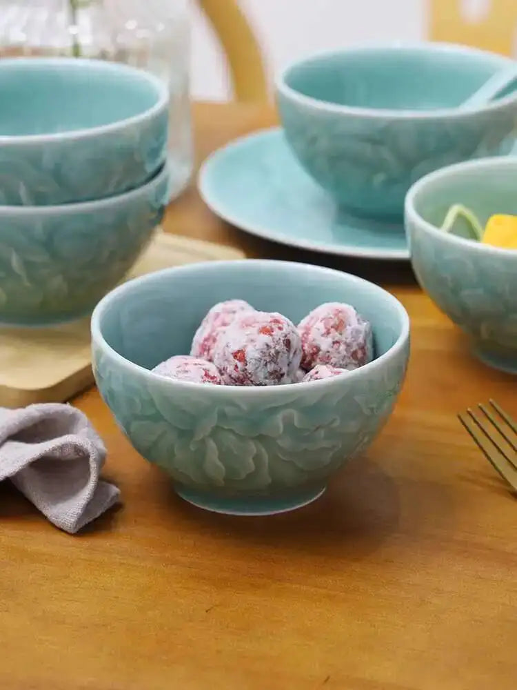 Longquan Celadon Engraved Bowl Ceramic Rice Bowl Chinese Rice Bowl Soup Bowl Quake