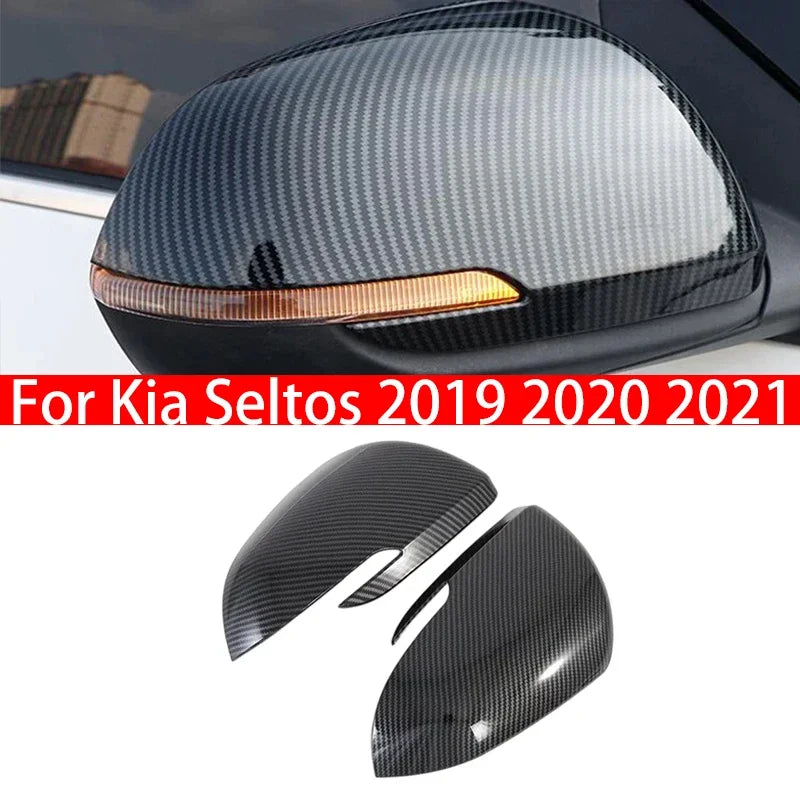 For Kia Seltos 2019 2020 2021 ABS Carbon Fiber Chrome Silver Look Car Body Door Side Mirror Cover Trim Rear View Cap Sticker Quake