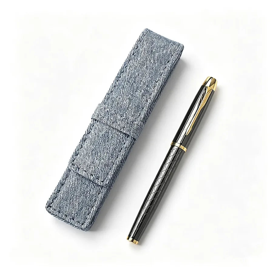 Luxury Engraved Metal Gold Nib Signature Pen With Denim Fabric Pen Case Business Office Writing Gift Fountain Pen Quake