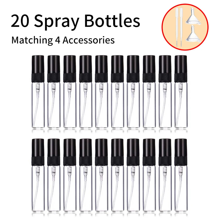 vvocci Mini Glass Perfume Spray Bottle Set – 24pcs 5ml Bottles with 20 Spray Nozzles, 2 Funnels & 2 Droppers Quake