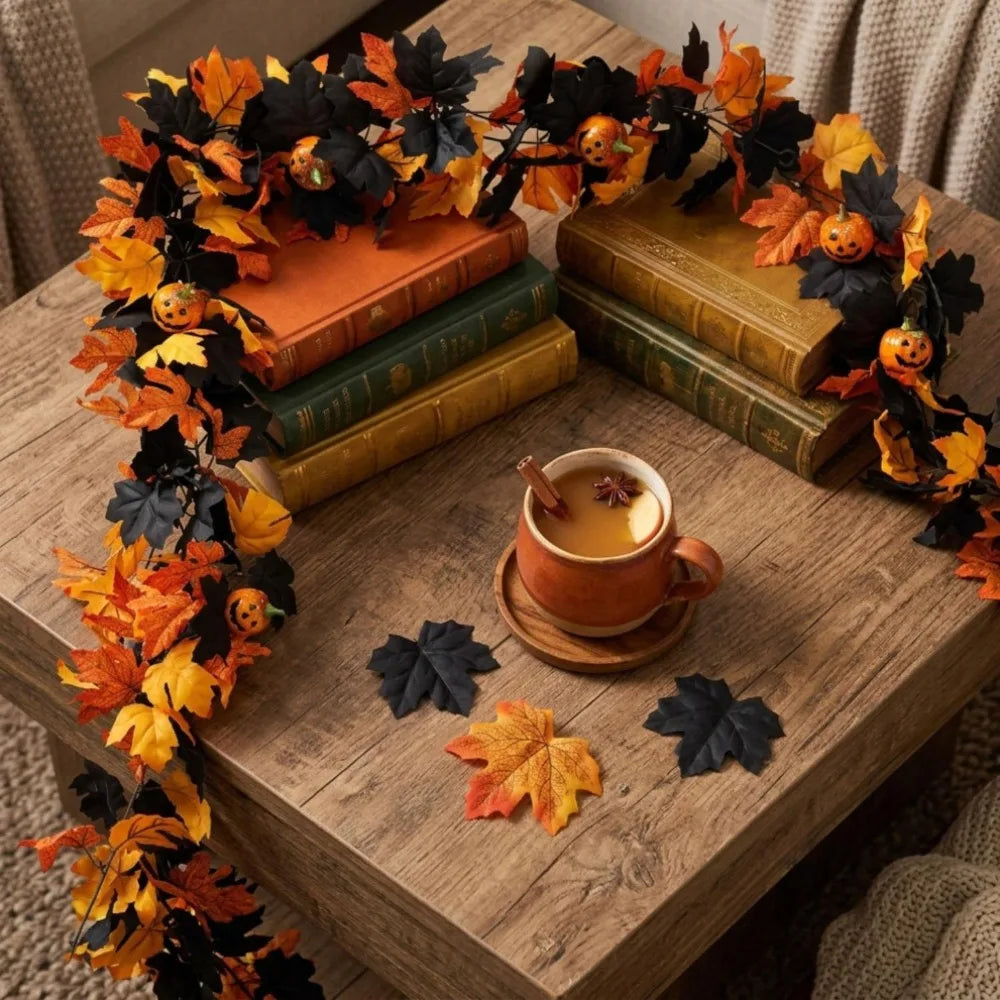 Artificial Maple Leaves Garland Autumn Vine with Fake Pumpkin Ornaments for Halloween Thanksgiving Fireplace Table Fall Decor Quake
