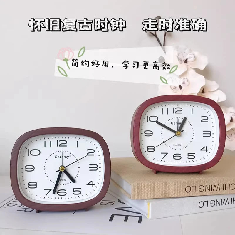Simple retro imitation wood grain alarm clock - home desktop square clock ornament - student large digit bedside clock Quake