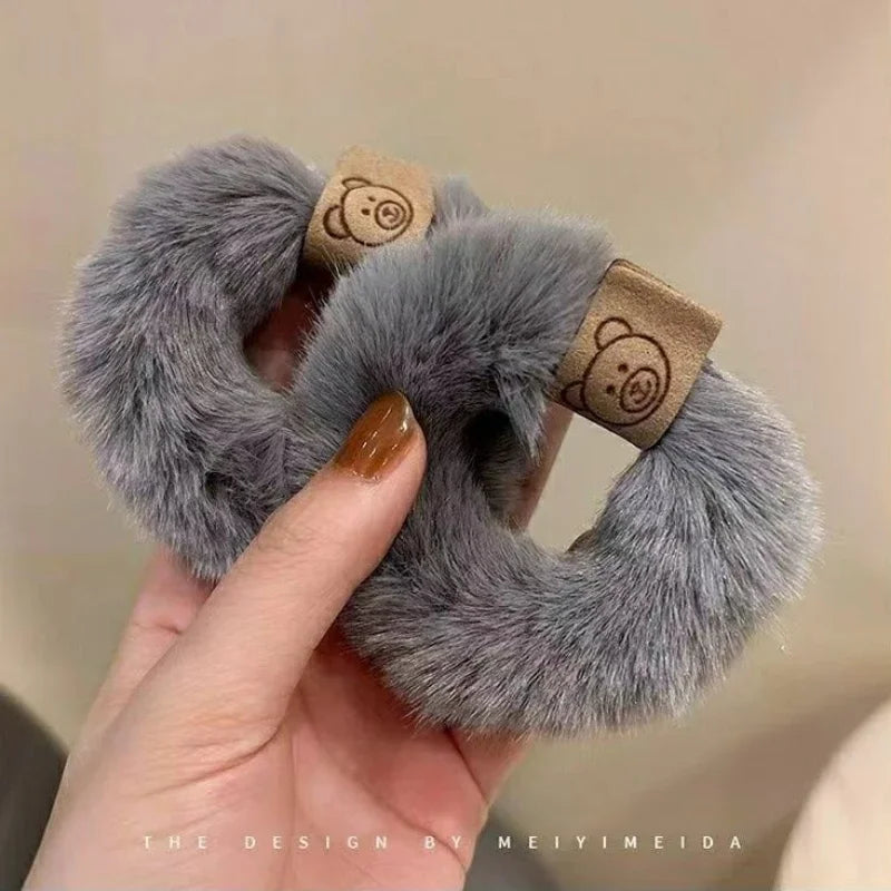 2023 New Soft Plush Hair Rope Korean Thick High Elastic Bear Hairband Braiding Hair Accessories Ponytail Headwear Scrunchies Quake
