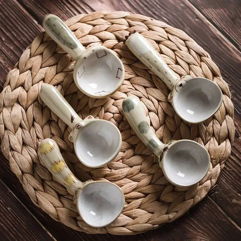 Handmade Rustic Ceramic Spoon With Short Handle, Cute Animal Design, Ice Cream Spoon Kitchen Tablewear Quake