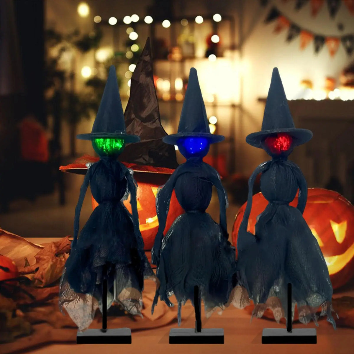 Primitive Witch Figurines Lighted Statues Handcraft Creative Craft Sculptures Halloween Decor for Party Shelf Mantel Indoor Quake 3pcs