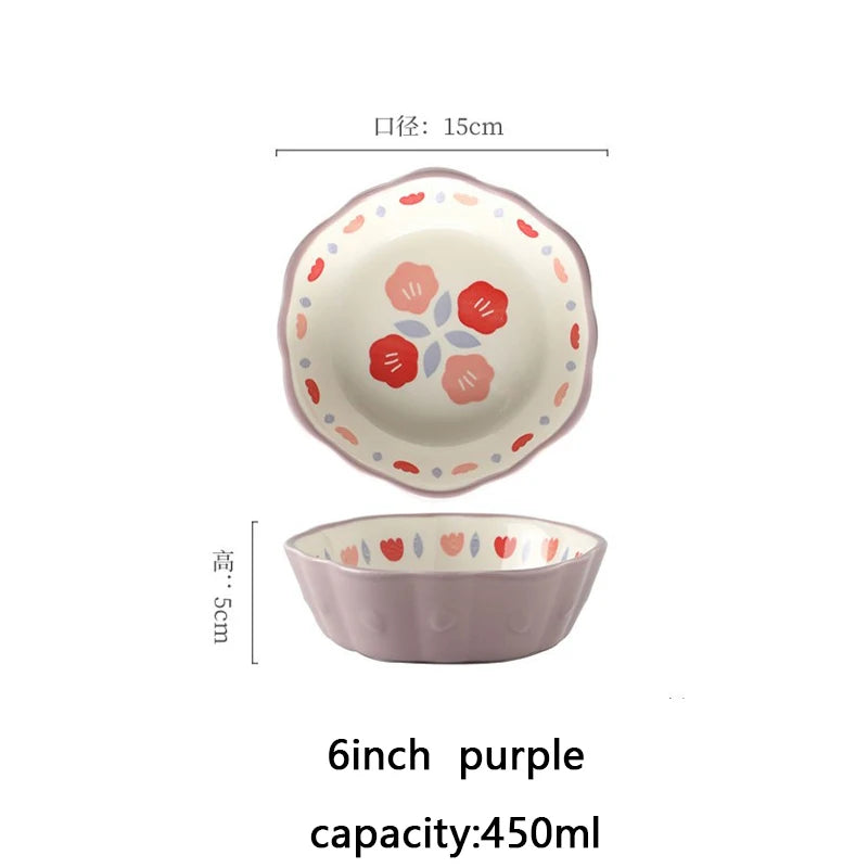 YWDL Heat Resistant Ceramic Salad Bowl With Wavy Edges Dessert Bowl Kitchen Fruit Dish Microwave Oven Oven Safety 6inch Quake purple