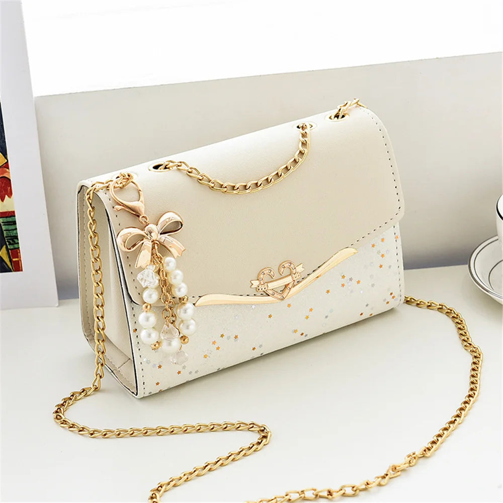 Fashion Messenger Bag Women Trendy Sequin Single Shoulder Bags Mobile Phone Pouch Ladies PU Leather Handbag with Tassel Pendant Quake
