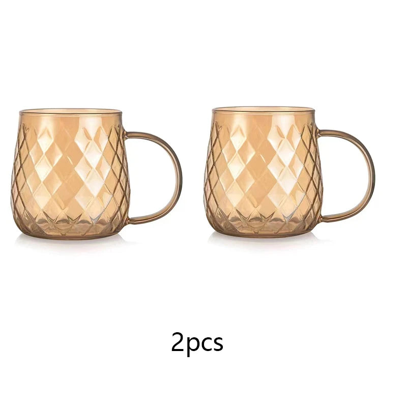 YWDL 1/2pcs Diamond Textured Glass Cup Golden Teacup Mug With Handle Household Fruit Tea Coffee Milk Drinkware Taacup 380ml Quake 2pcs 350-380ml