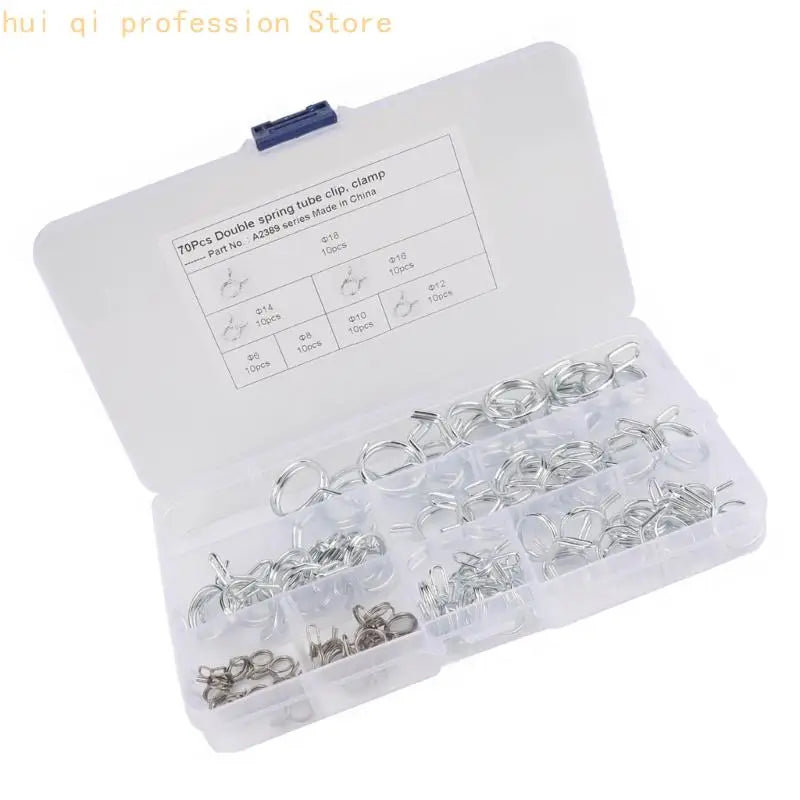 Spring Tube Clip Assortment, 70-Piece Set in a Clear Divided Snap-Closure Case for Fuel Line, Cooling System, and Rubber Hose Quake CN