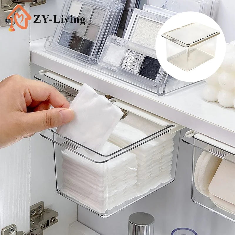 1Pcs Drawer Style Storage Box Under The Mirror Cabinet Transparent Bathroom Cotton Stick Makeup Cotton Pull-Out Storage Case Quake