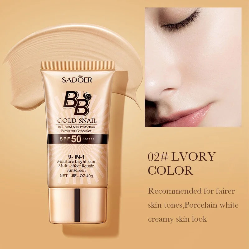 SADOER Gold Snail Sunscreen BB Cream Foundation Concealer Moisturizing Isolation Cream SPF50+PA+++ 40g Quake
