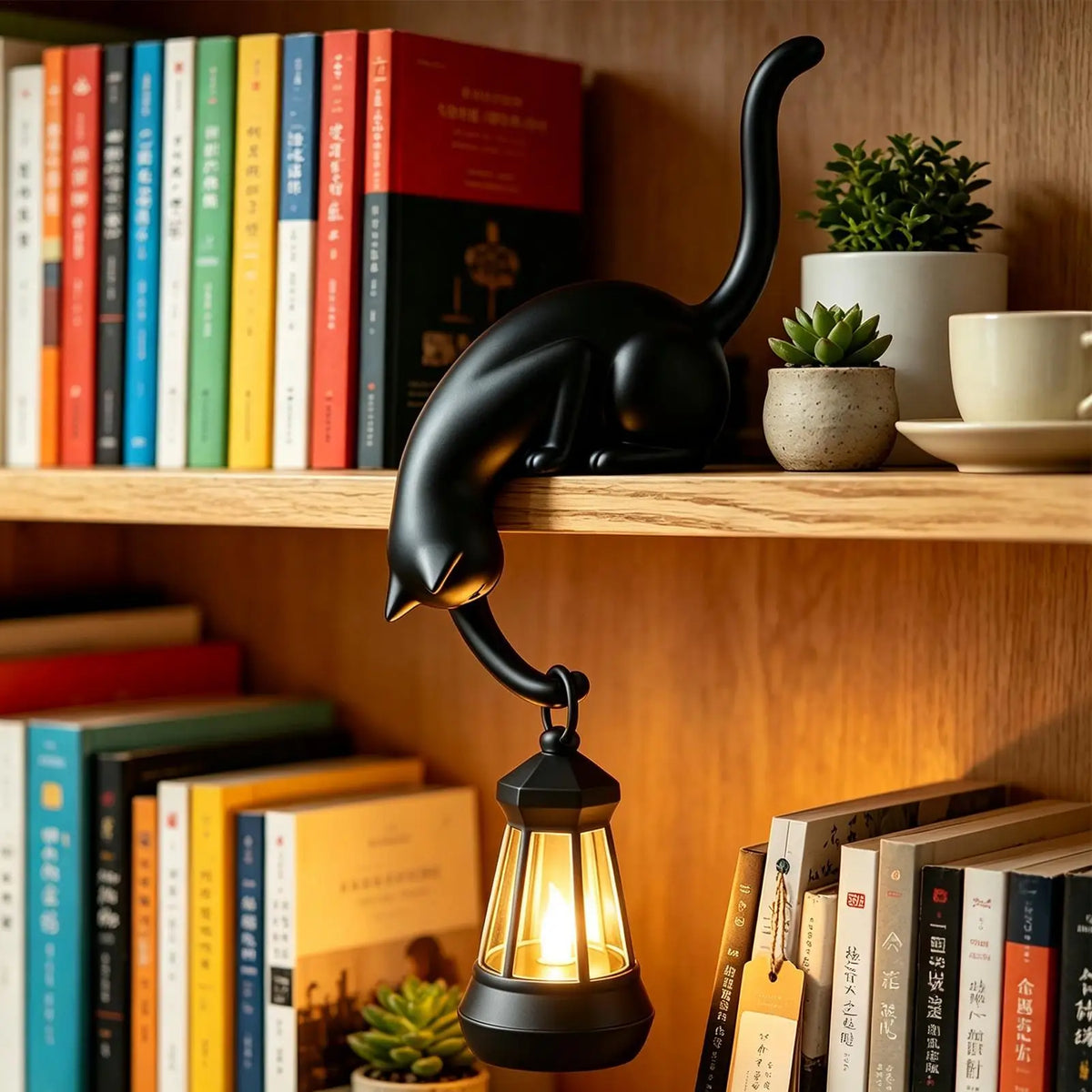 Library Lantern Cat 3D Printed Edge Sitting LED Battery Lights Shelf Reading Decor for Home Office School Study Room Readers Quake