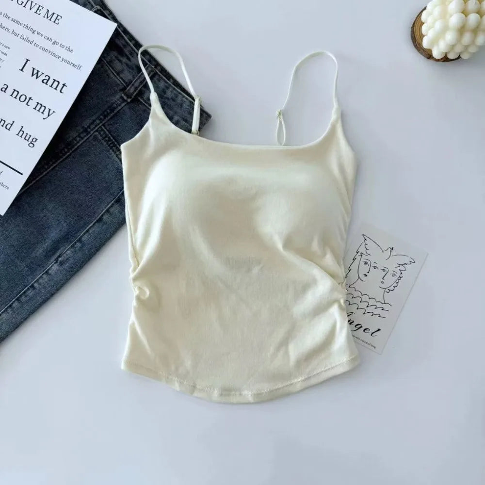 Sweet Sleeveless Suspender Vest Slim With Padded Cups Camisole Underwear Short Vest Sports Activities Quake Apricot One Size