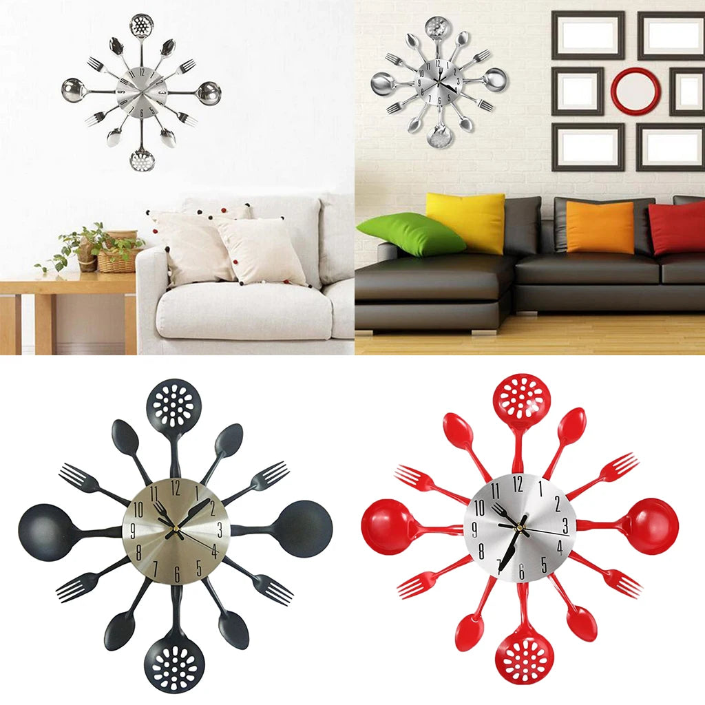 Kitchen Utensil Wall Clock Cutlery Spoon Fork Home Decor Metal Quake
