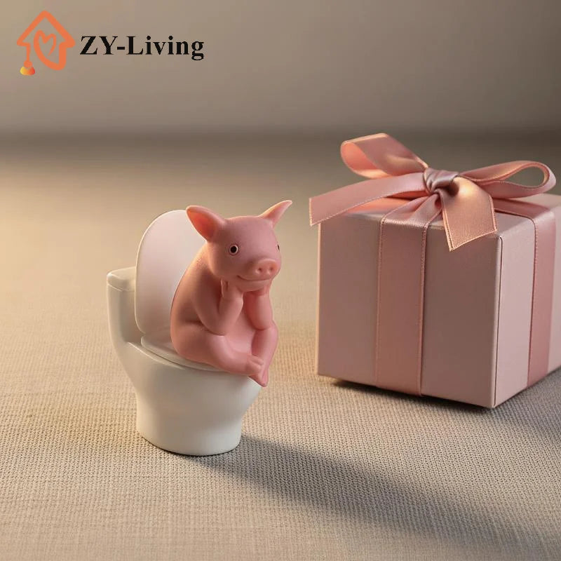 Cartoon Pig Sitting on Toilet Figurine Pink Plastic Miniature Animal Desktop Ornament for Home Office Shelf Room Decoration Quake