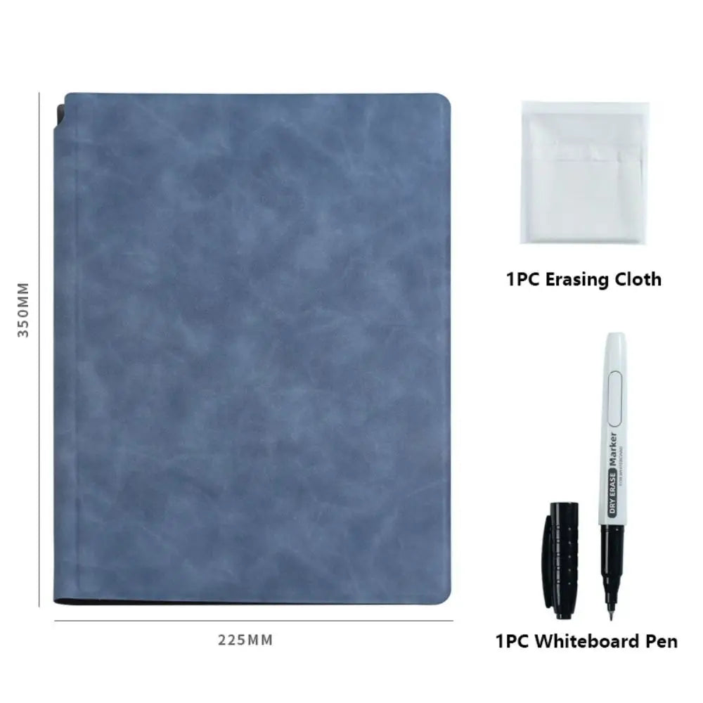 Reusable A4 Whiteboard Notebook With Whiteboard Pen Leather Erasable Whiteboard Draft With Erasing Cloth Stationery Quake Dark Blue